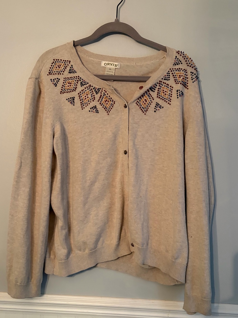 Orvis Beige Cardigan with Beaded Shoulder Detail